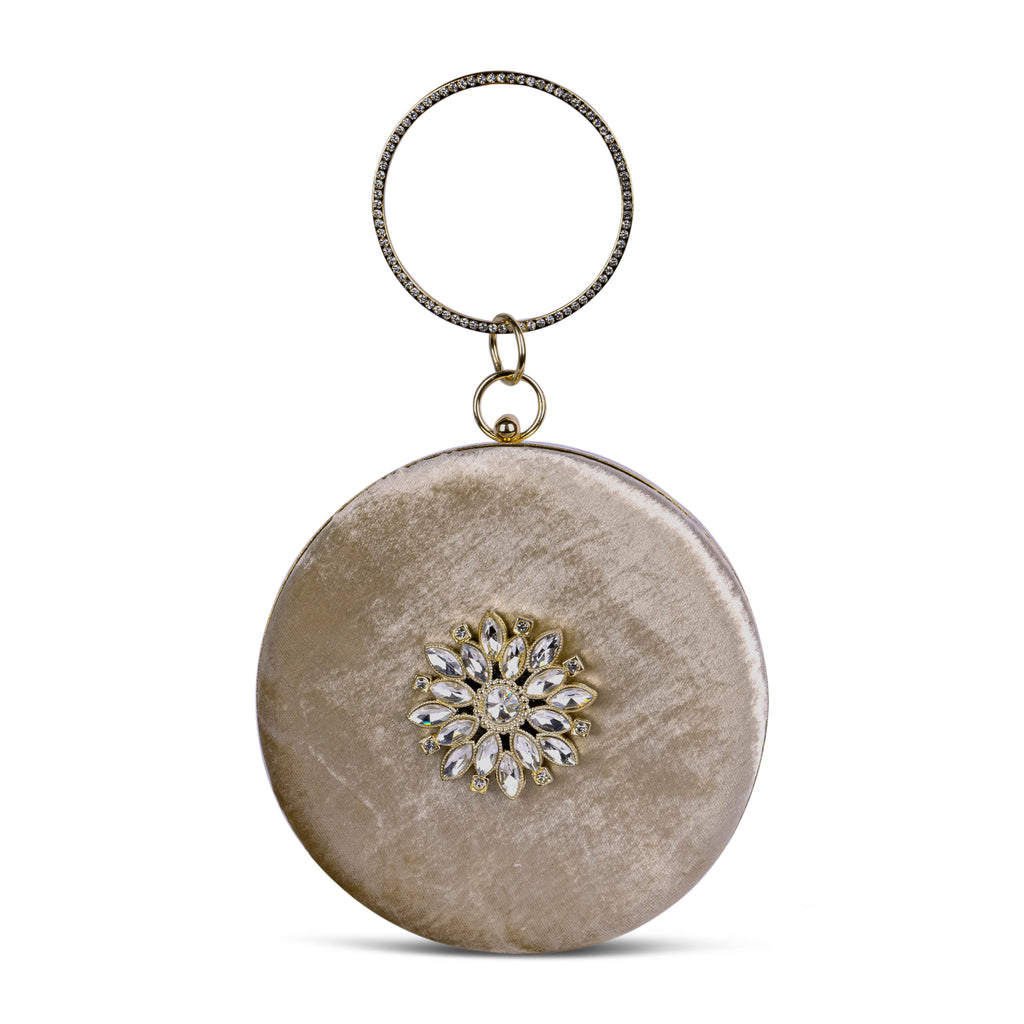 KarryQ Beige Floral Brooch Velvet Clutch