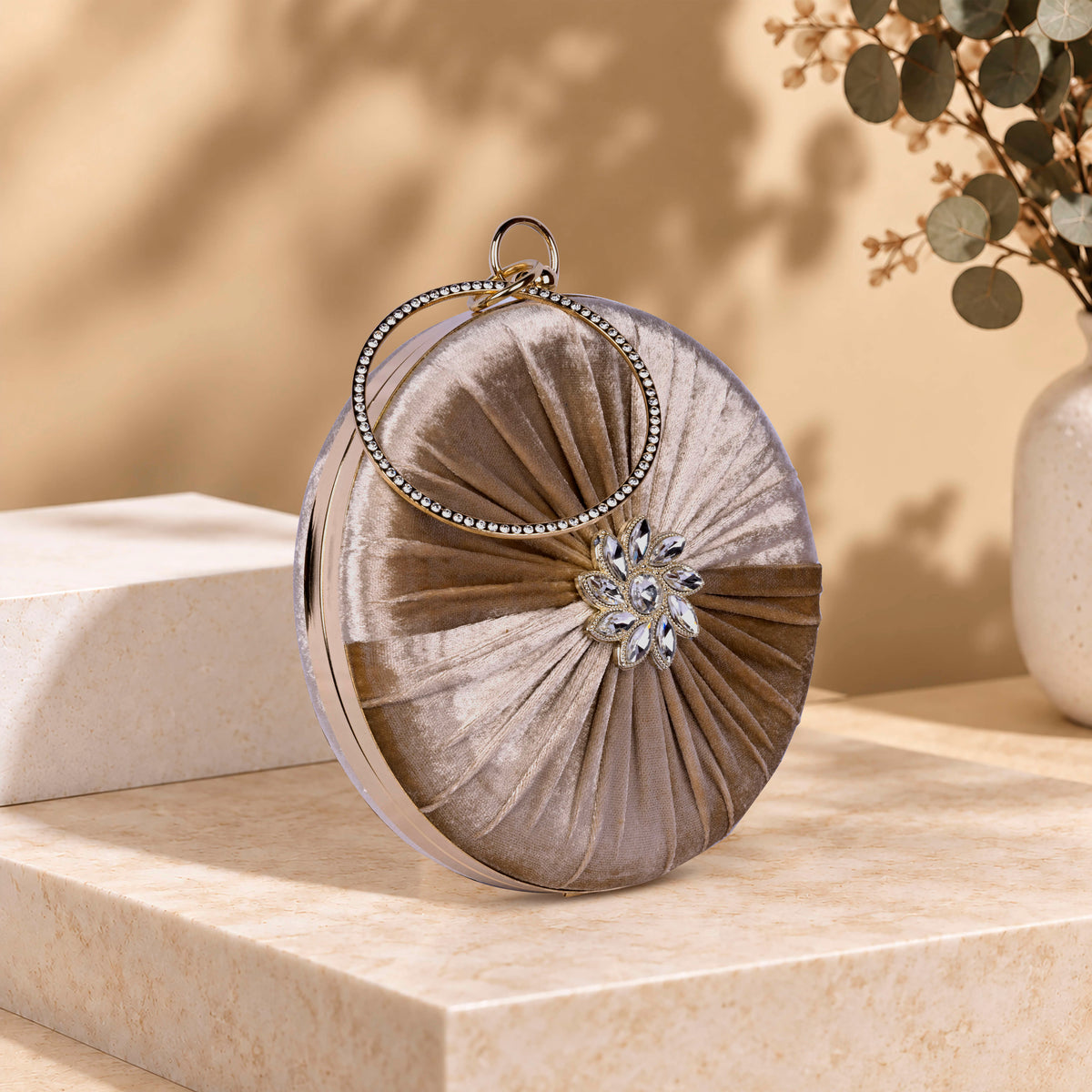 KarryQ Beige Pleated Rosette Velvet Clutch