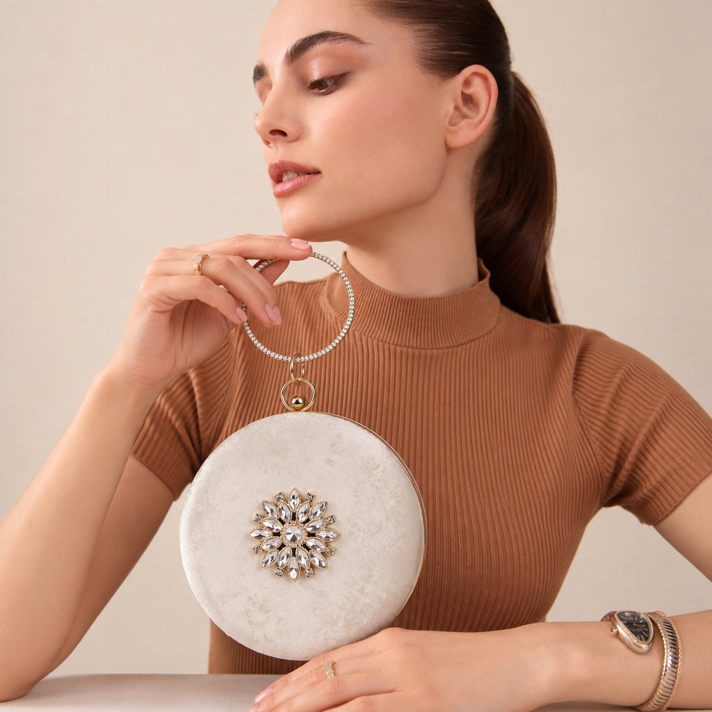 KarryQ White Floral Brooch Velvet Clutch