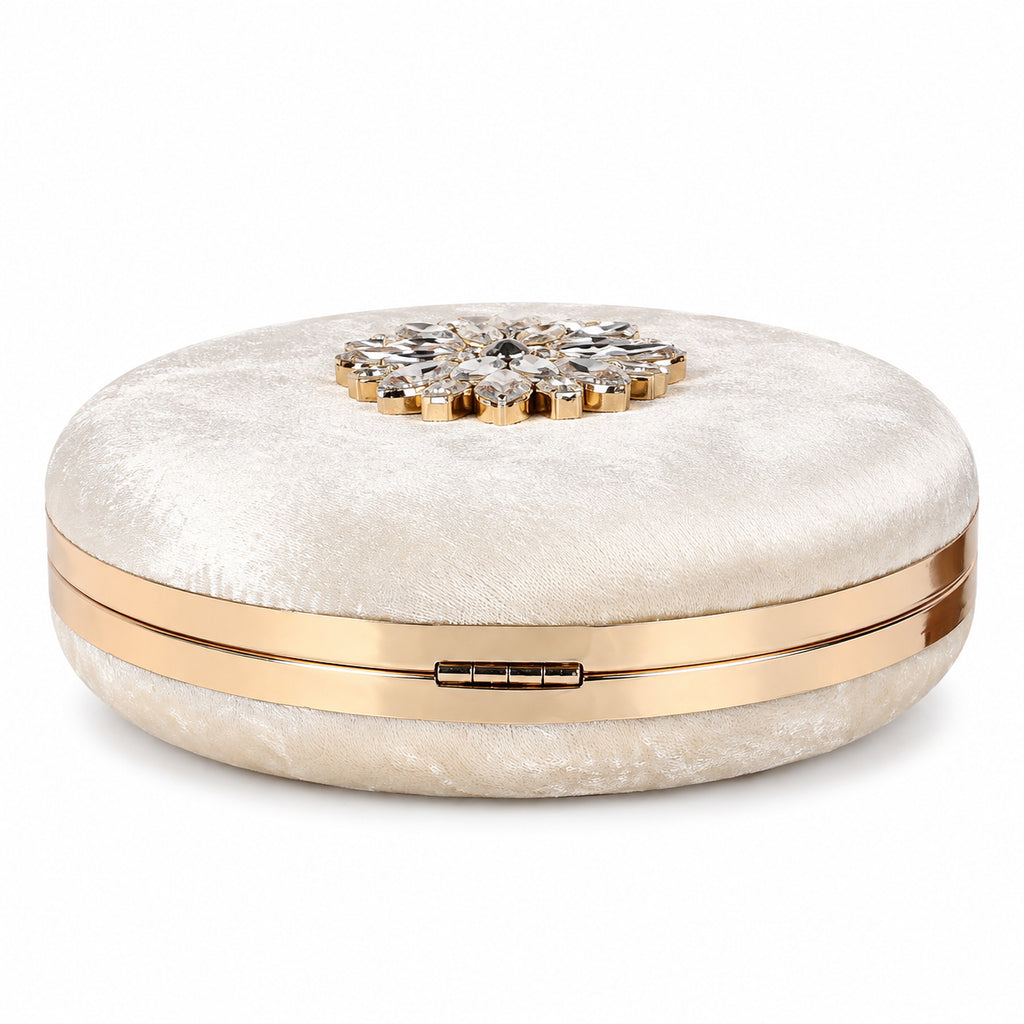 KarryQ White Floral Brooch Velvet Clutch