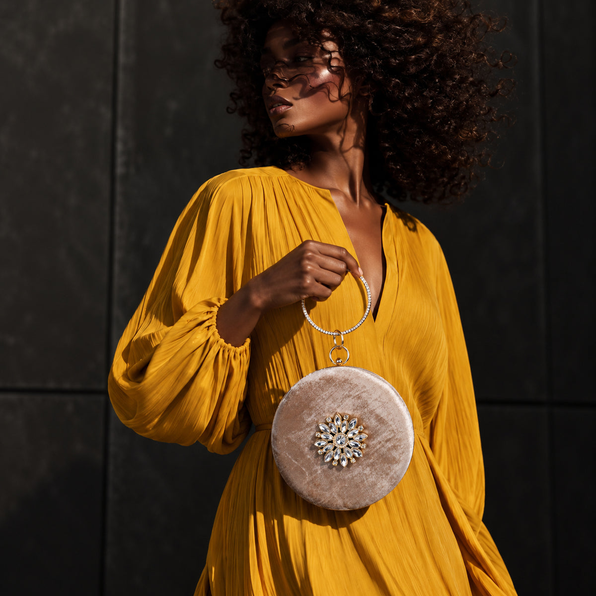 KarryQ Beige Floral Brooch Velvet Clutch