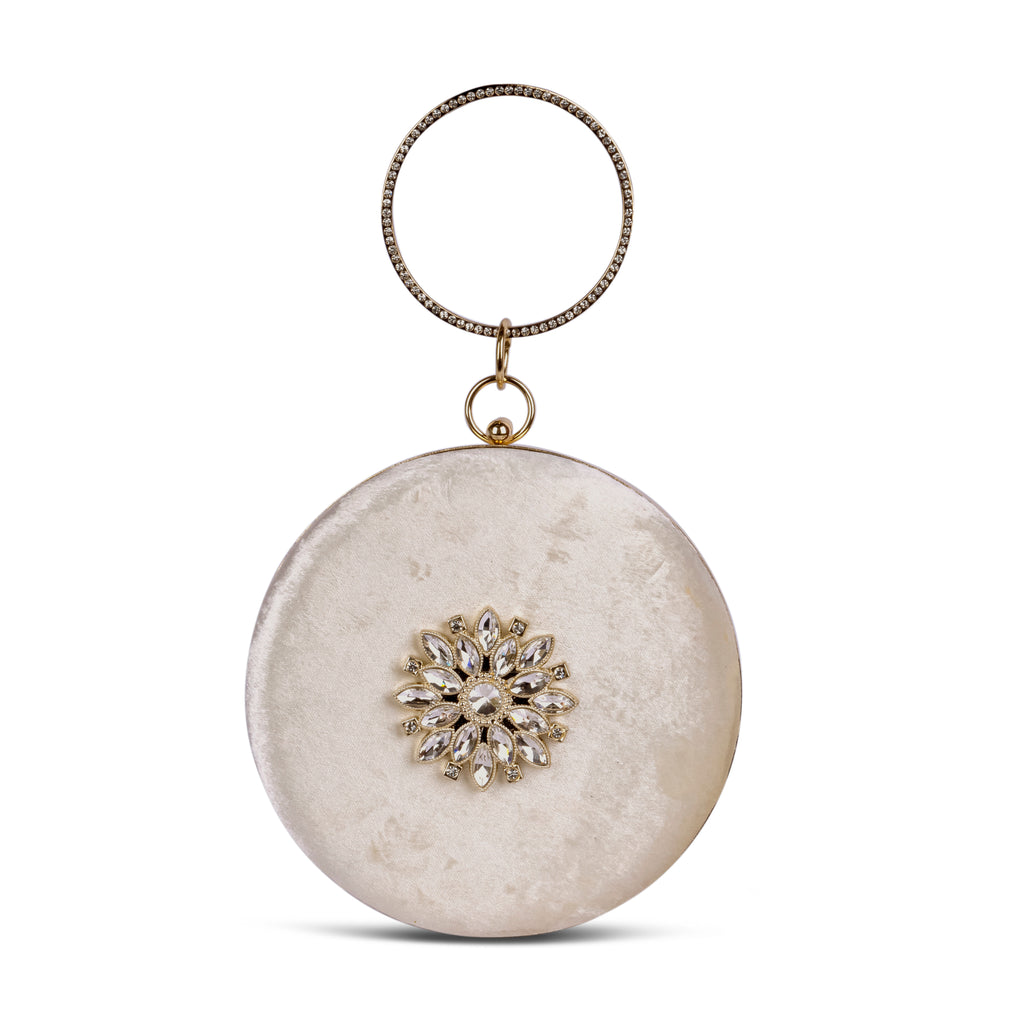 KarryQ White Floral Brooch Velvet Clutch
