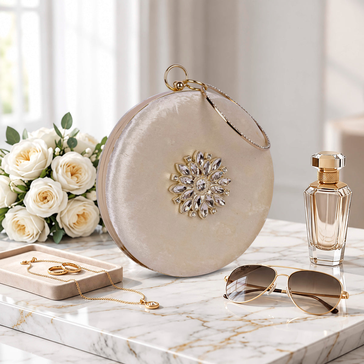 KarryQ White Floral Brooch Velvet Clutch