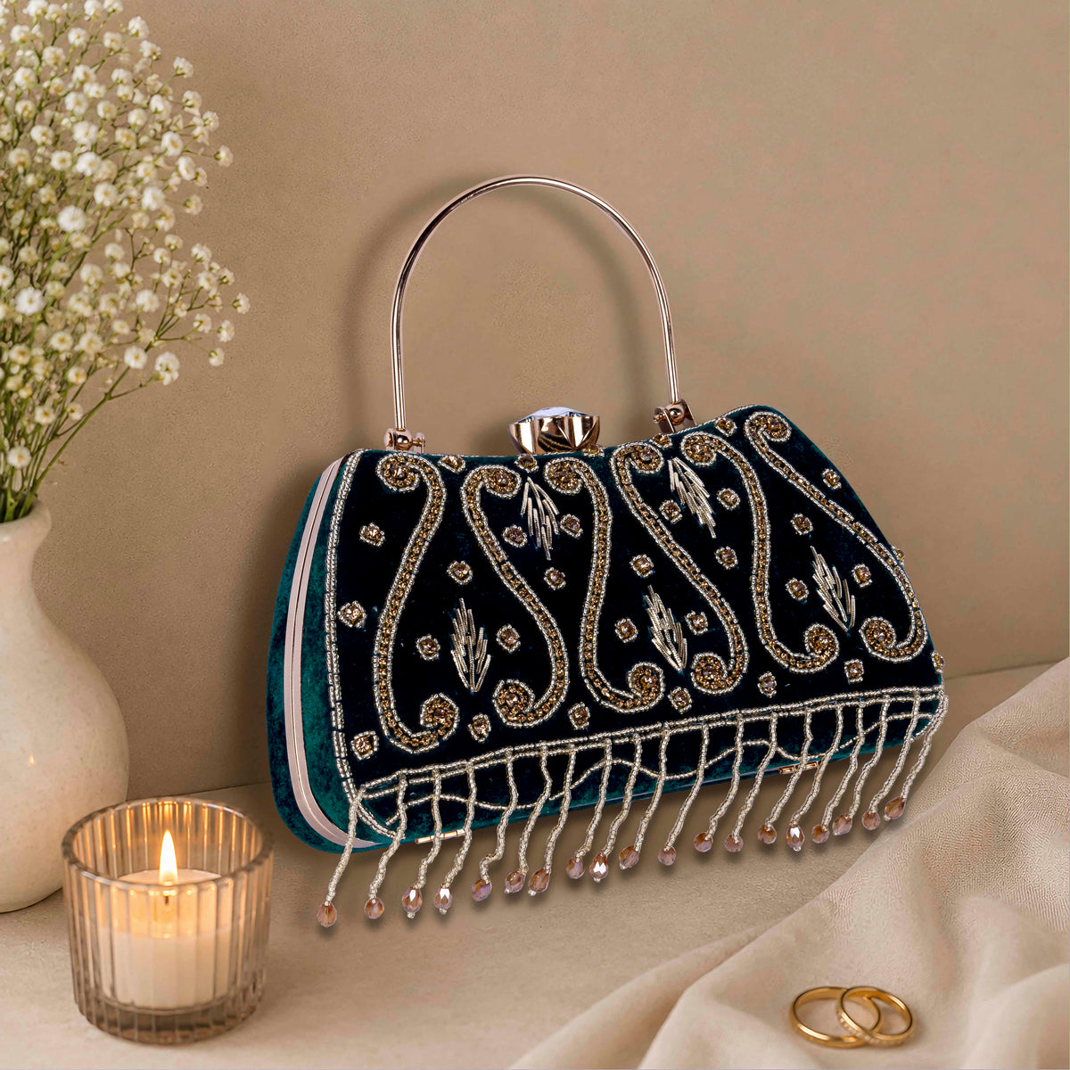KarryQ Blue Teardrop Embellished Velvet Clutch