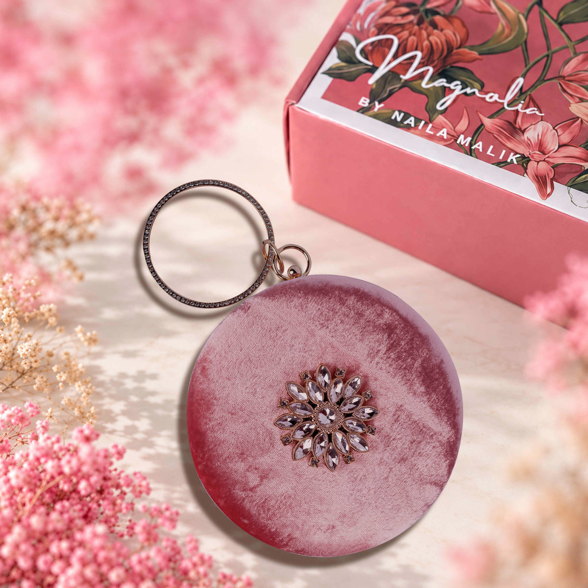 KarryQ Pink Floral Brooch Velvet Clutch