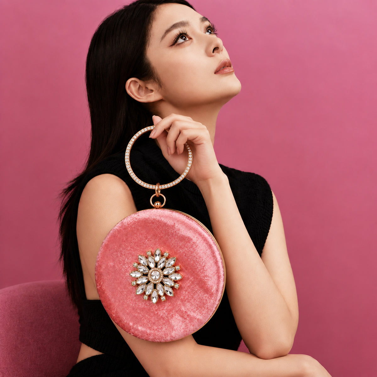 KarryQ Pink Floral Brooch Velvet Clutch