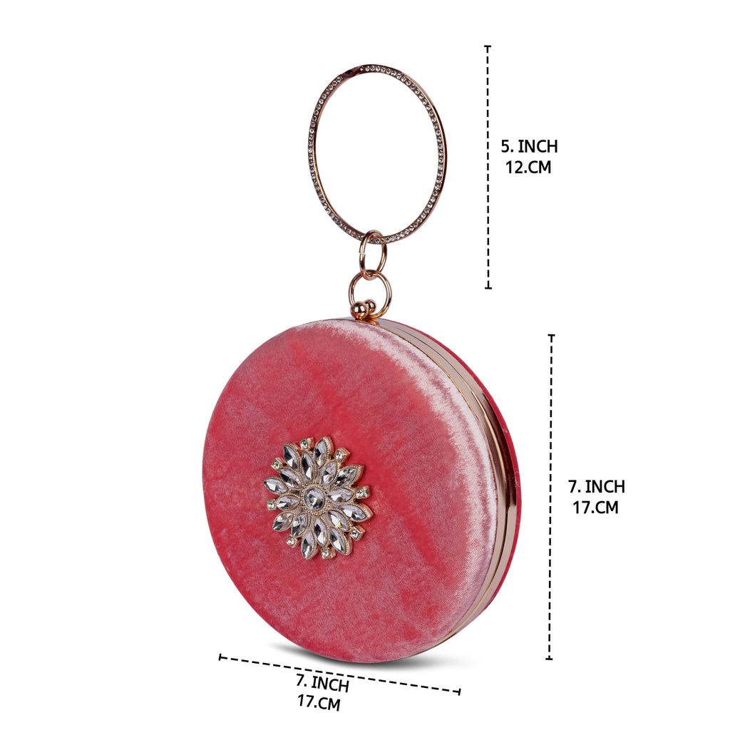 KarryQ Pink Floral Brooch Velvet Clutch
