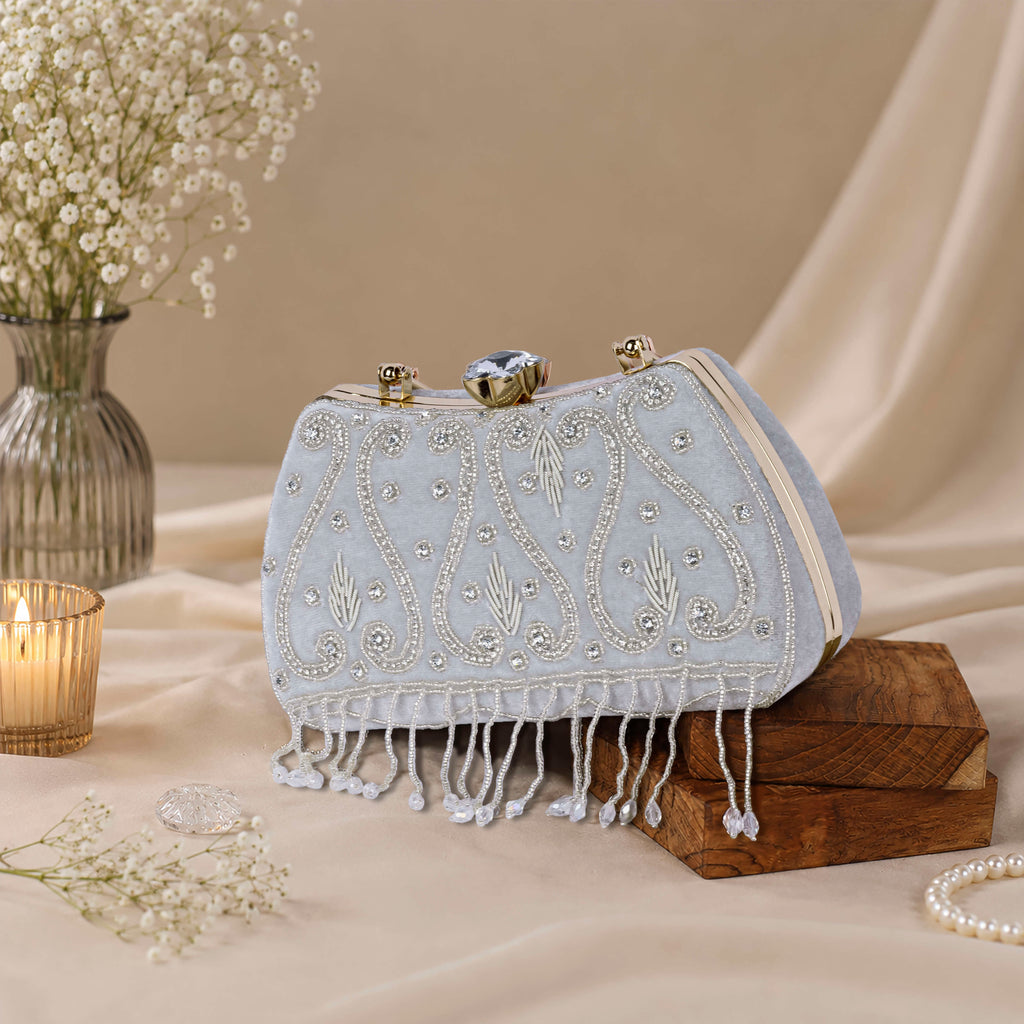 KarryQ White Teardrop Embellished Velvet Clutch
