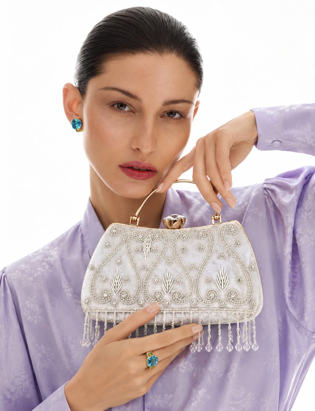 KarryQ White Teardrop Embellished Velvet Clutch