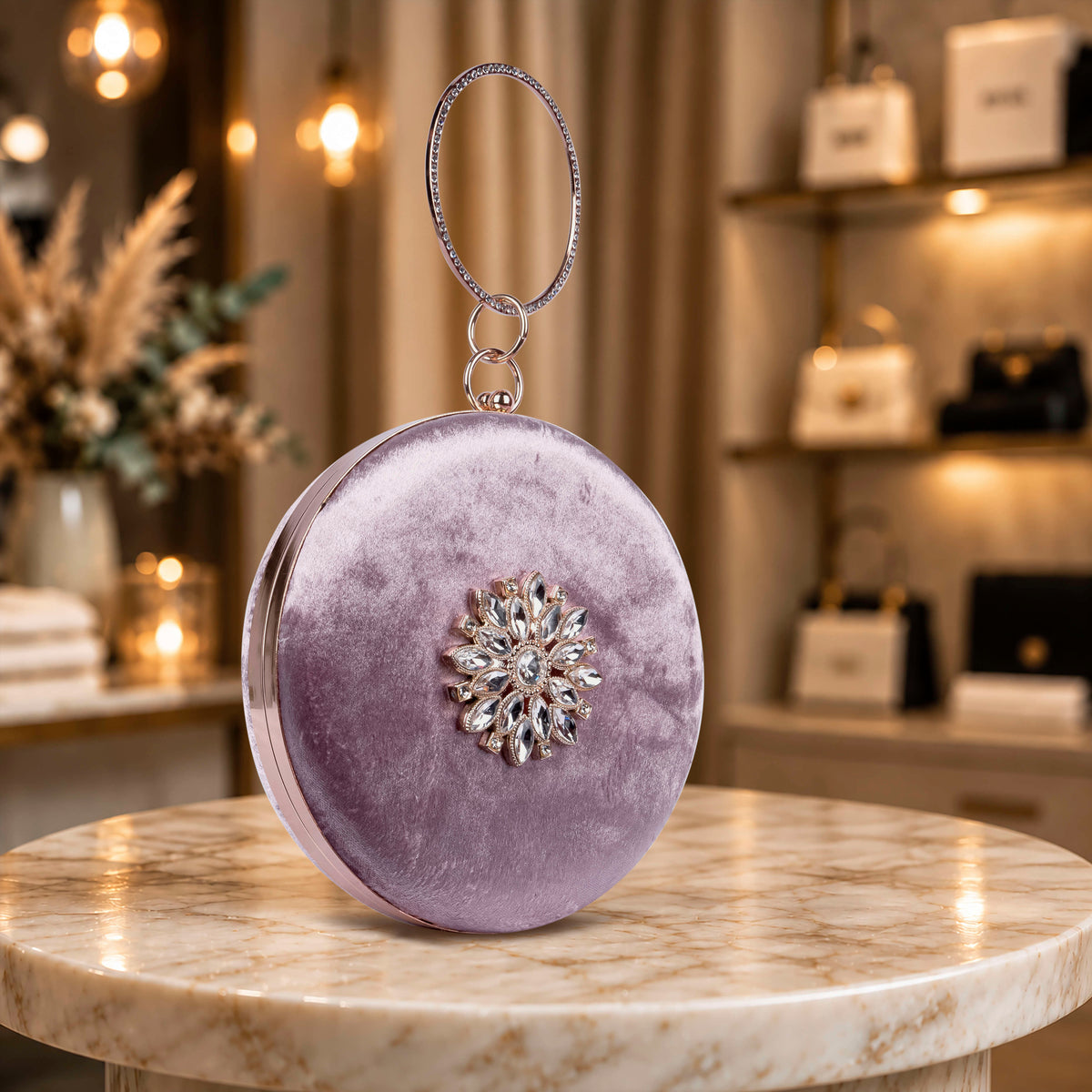 KarryQ Floral Brooch Velvet Clutch