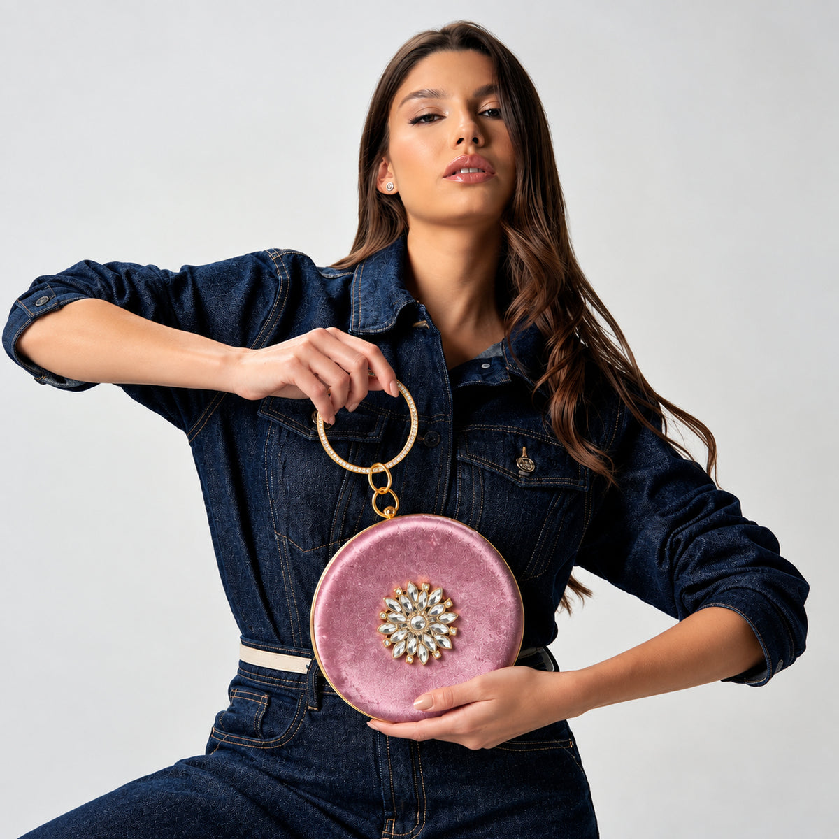 KarryQ Floral Brooch Velvet Clutch