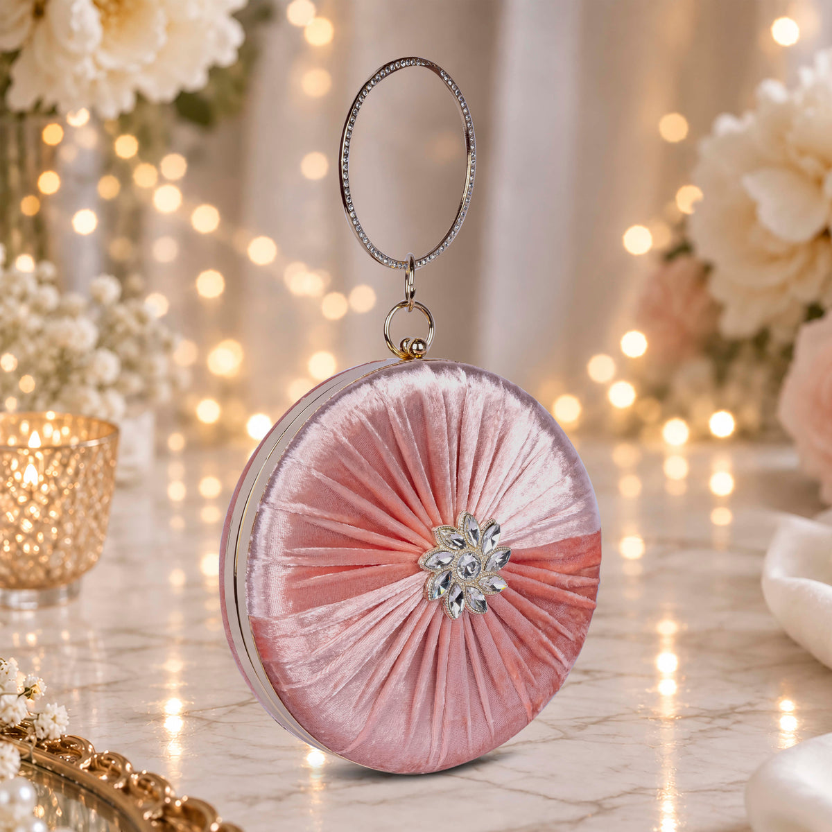 KarryQ Pink Pleated Rosette Velvet Clutch