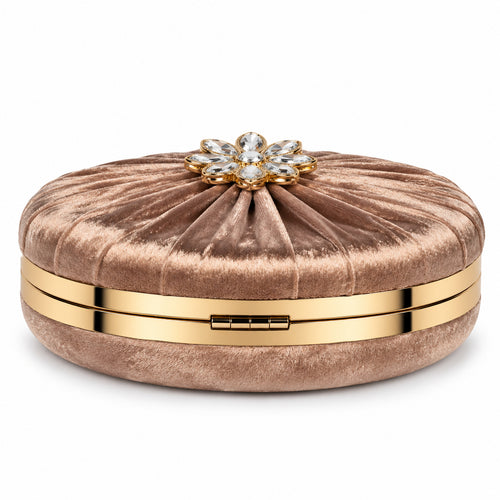 KarryQ Brown Pleated Rosette Velvet Clutch