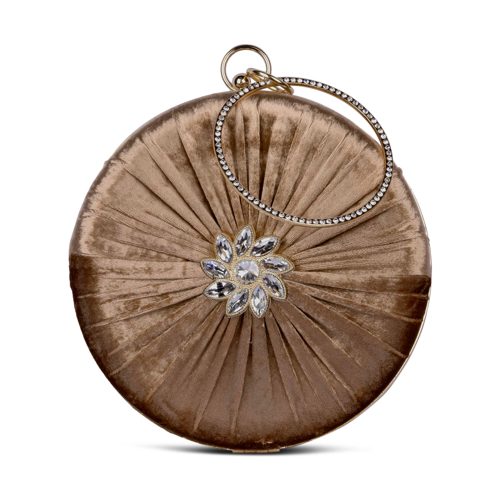 KarryQ Brown Pleated Rosette Velvet Clutch