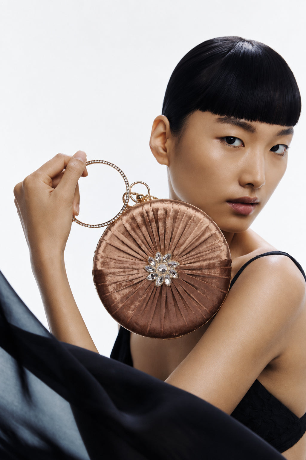 KarryQ Brown Pleated Rosette Velvet Clutch