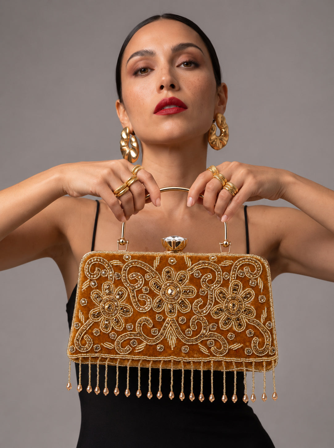 KarryQ Brown Floral Scroll Velvet Clutch