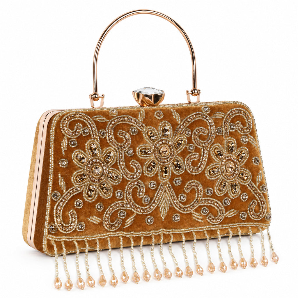 KarryQ Brown Floral Scroll Velvet Clutch