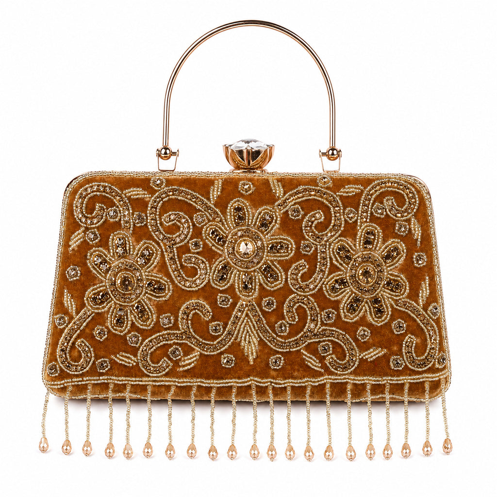 KarryQ Brown Floral Scroll Velvet Clutch