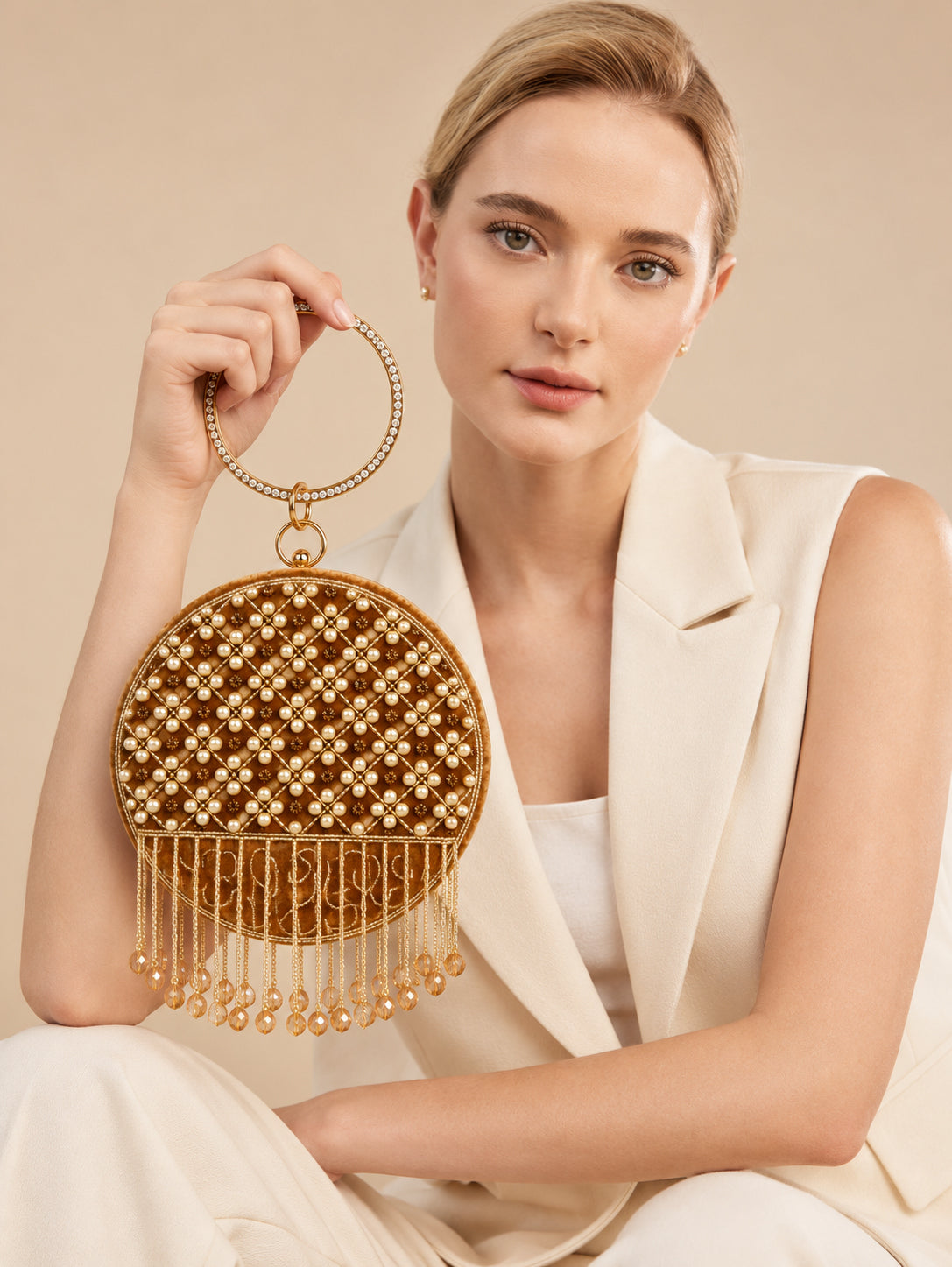 KarryQ Brown Lattice Embellished Velvet Clutch