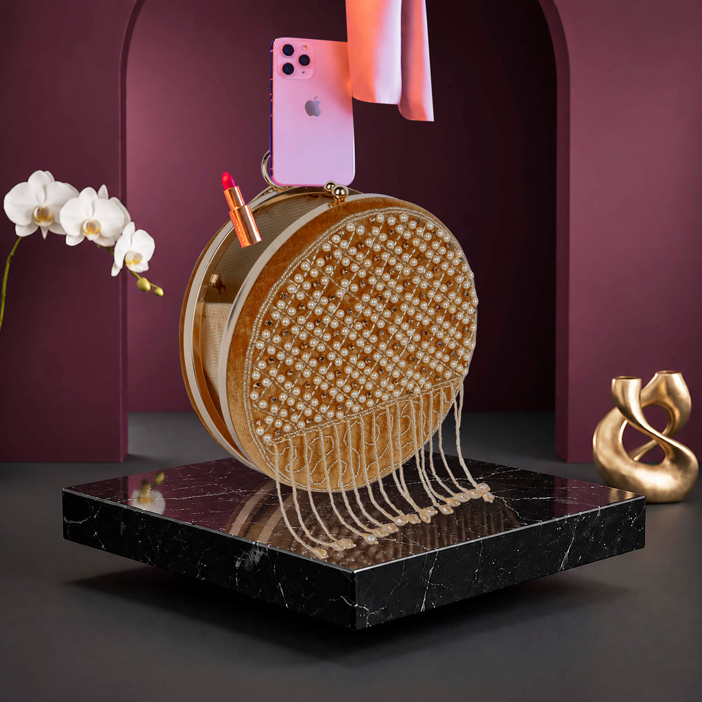 KarryQ Brown Lattice Embellished Velvet Clutch