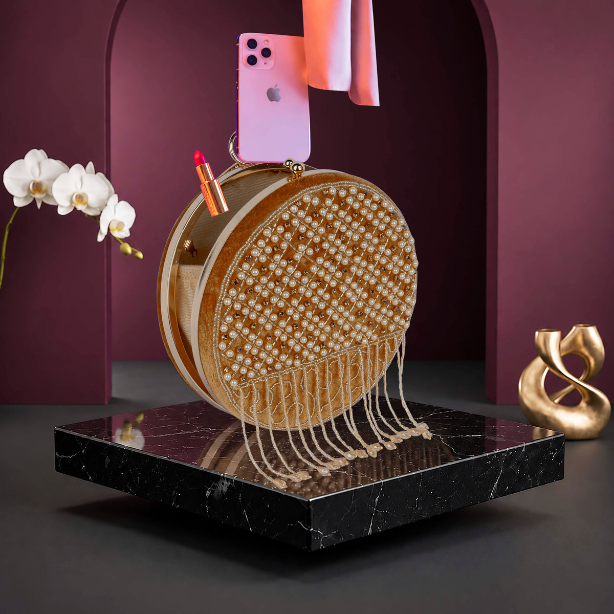 KarryQ Brown Lattice Embellished Velvet Clutch