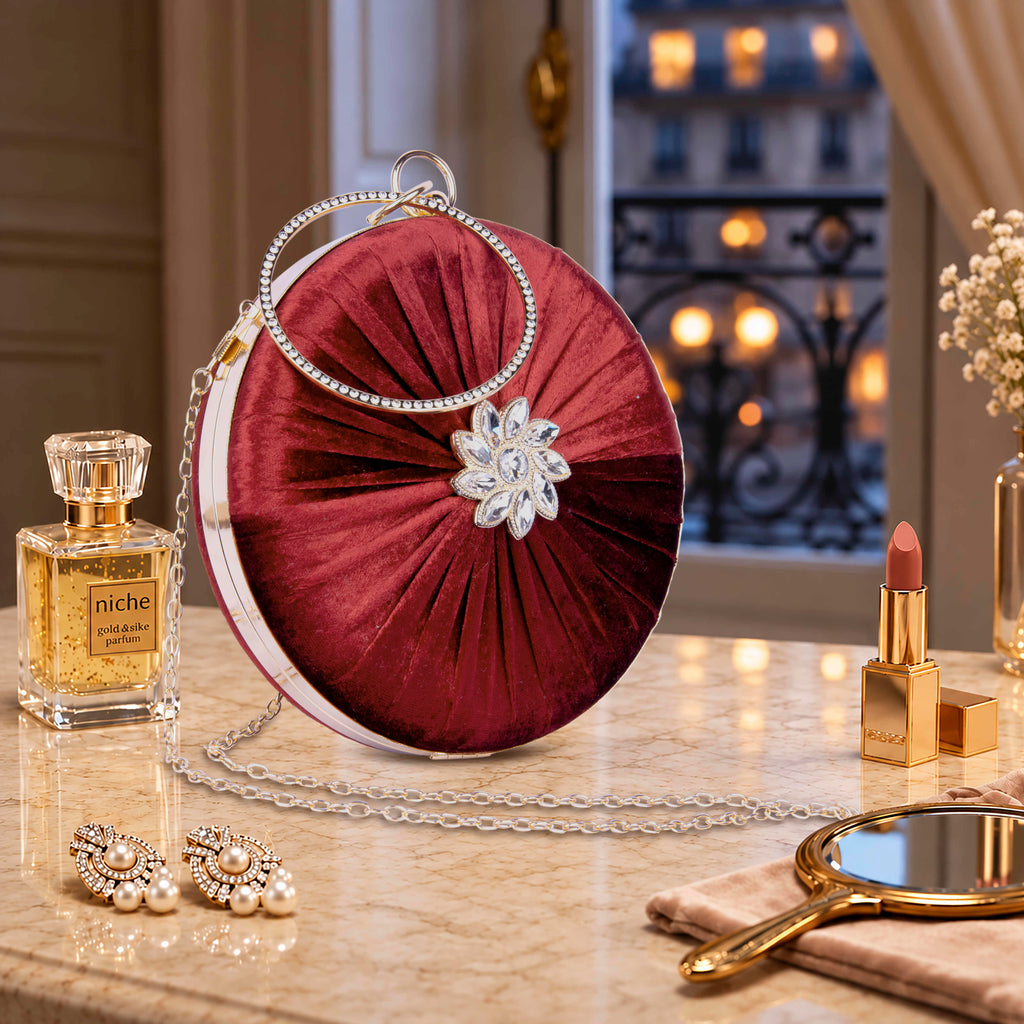 KarryQ Maroon Pleated Rosette Velvet Clutch