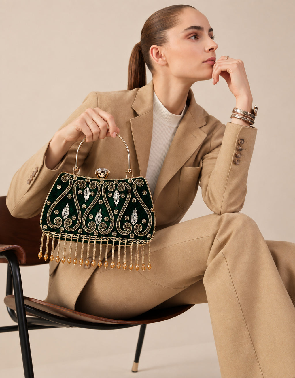 KarryQ Green Teardrop Embellished Velvet Clutch