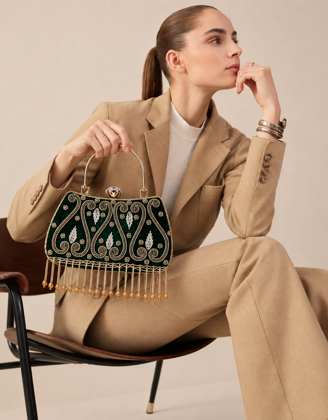 KarryQ Green Teardrop Embellished Velvet Clutch