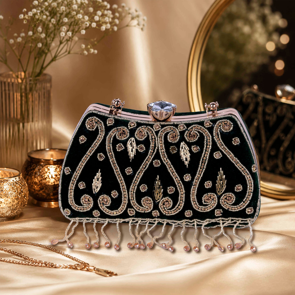 KarryQ Green Teardrop Embellished Velvet Clutch