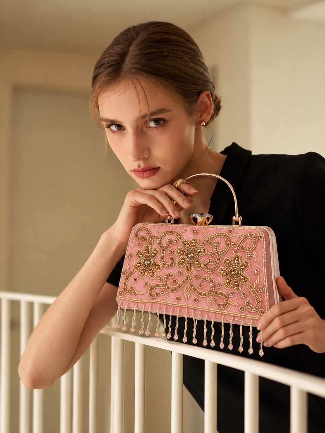 KarryQ Pink Floral Scroll Velvet Clutch
