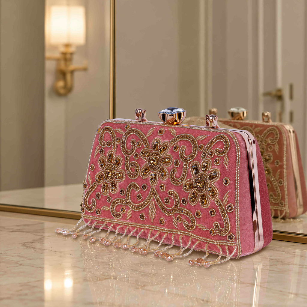 KarryQ Pink Floral Scroll Velvet Clutch