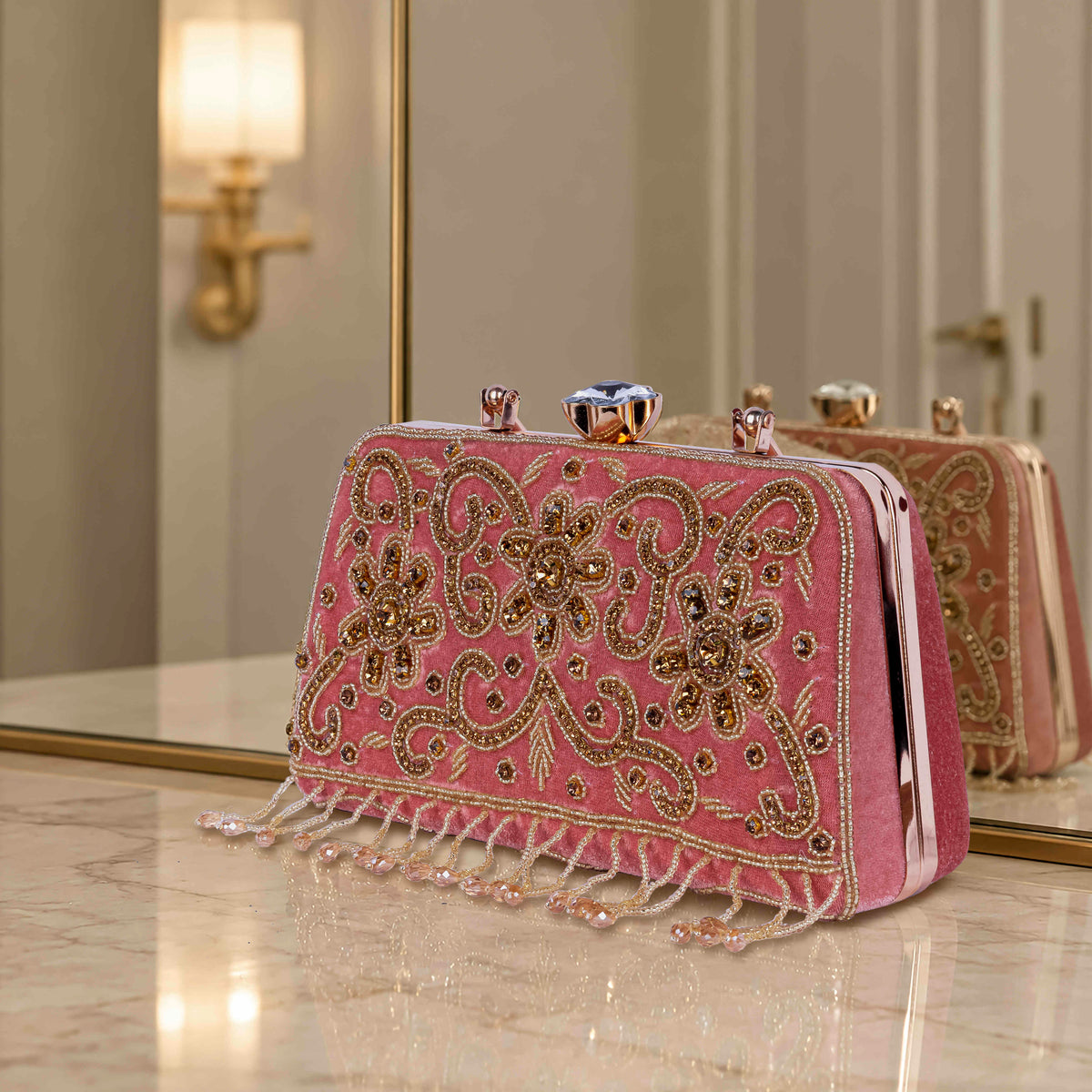KarryQ Pink Floral Scroll Velvet Clutch