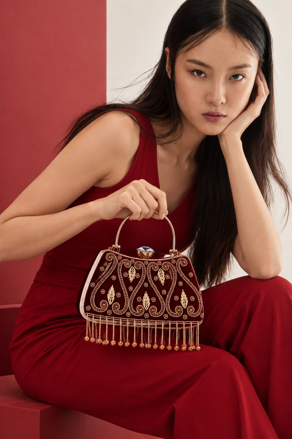 KarryQ Maroon Teardrop Embellished Velvet Clutch