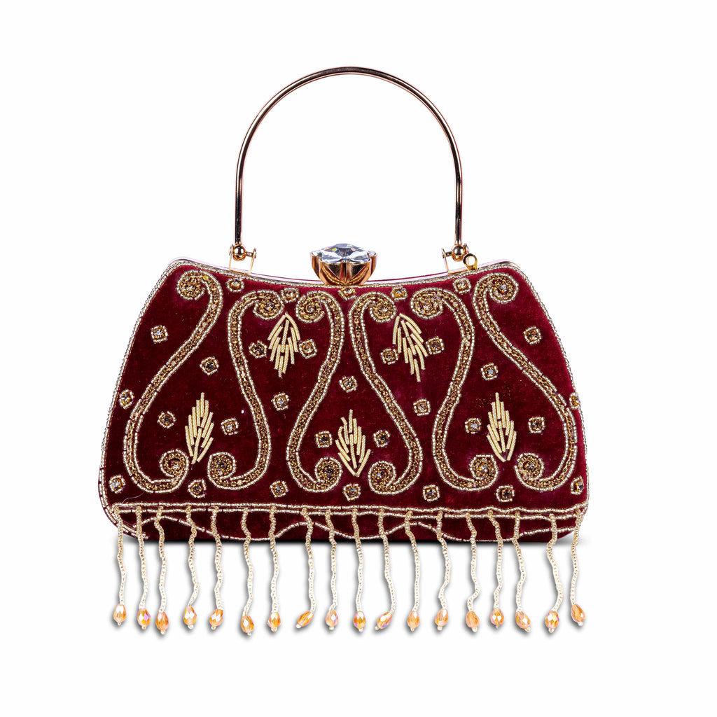 KarryQ Maroon Teardrop Embellished Velvet Clutch