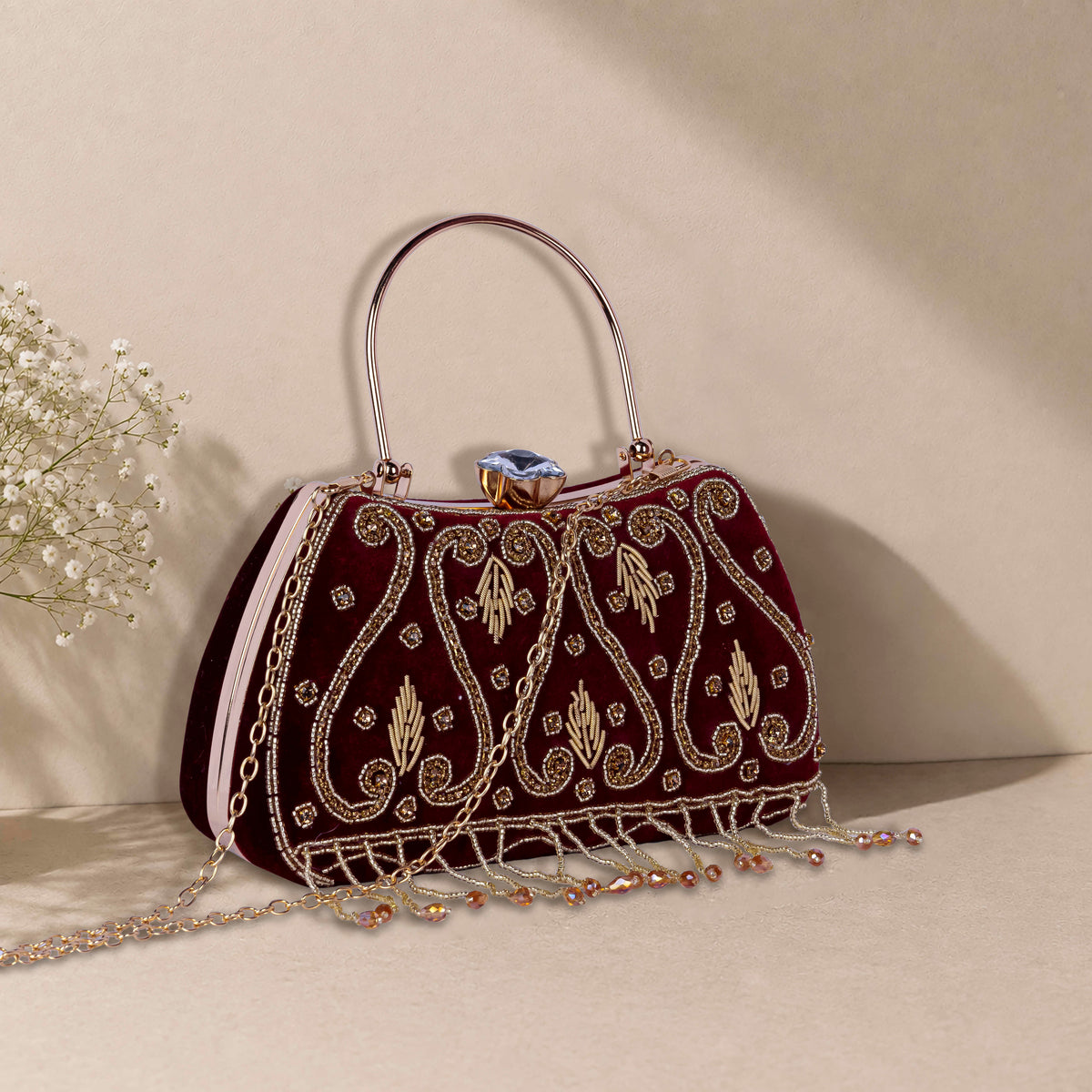 KarryQ Maroon Teardrop Embellished Velvet Clutch