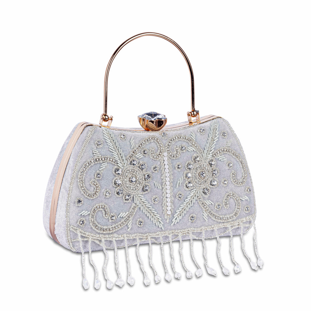 KarryQ Grey Floral Vine Velvet Clutch