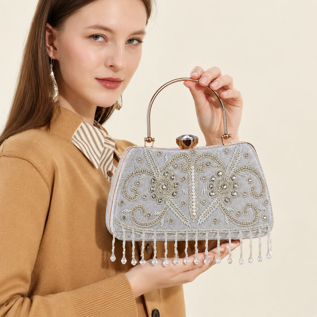 KarryQ Grey Floral Vine Velvet Clutch