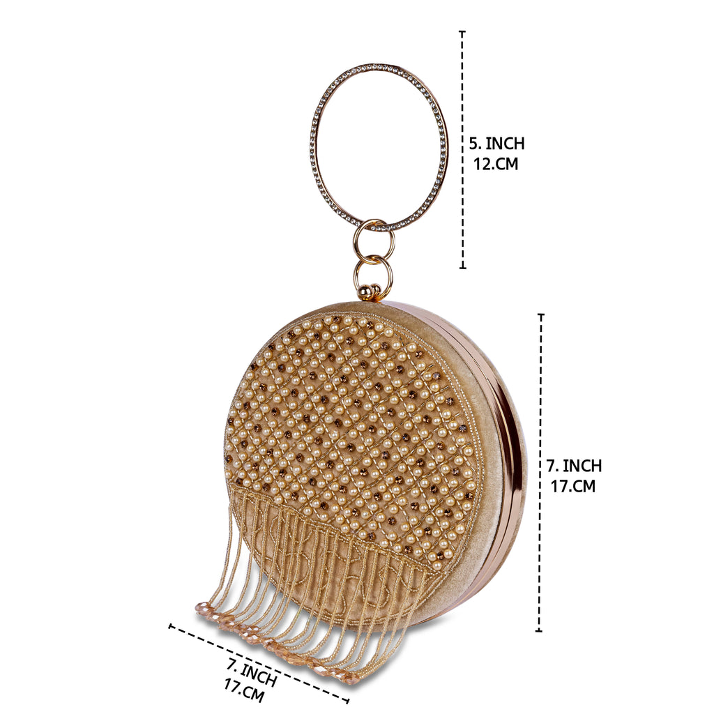 KarryQ Beige Lattice Embellished Velvet Clutch