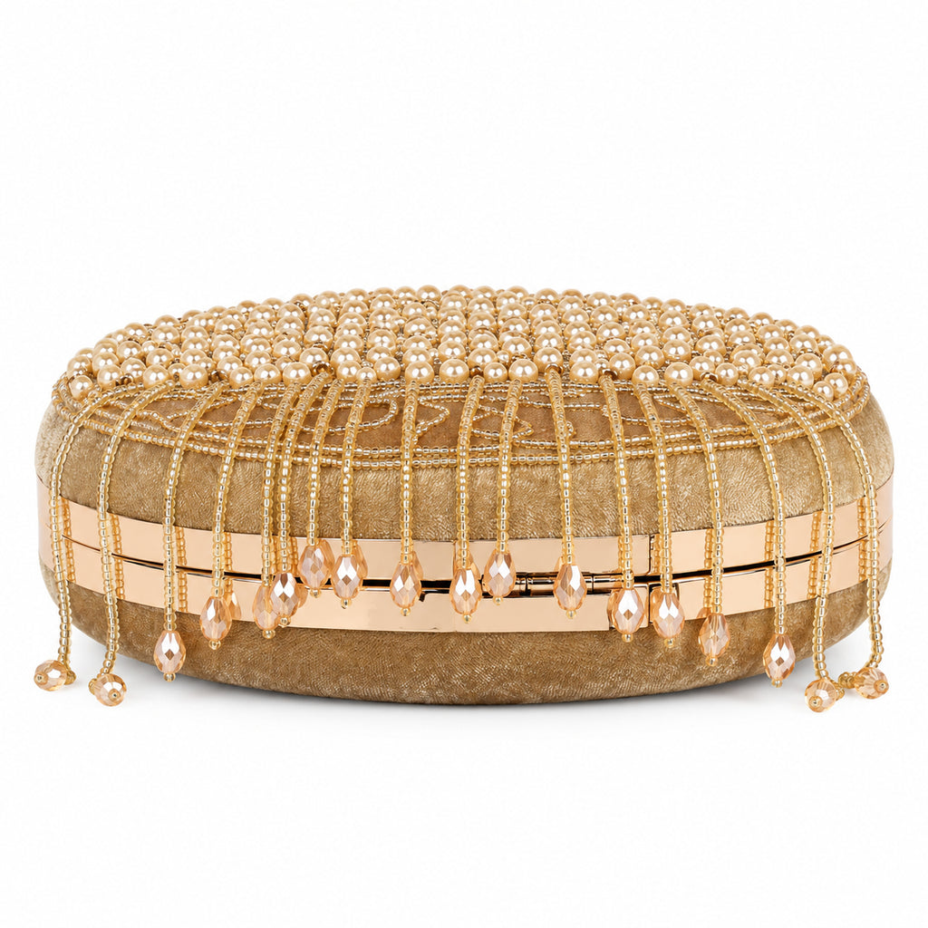 KarryQ Beige Lattice Embellished Velvet Clutch