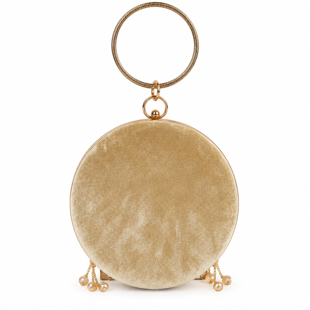 KarryQ Beige Lattice Embellished Velvet Clutch