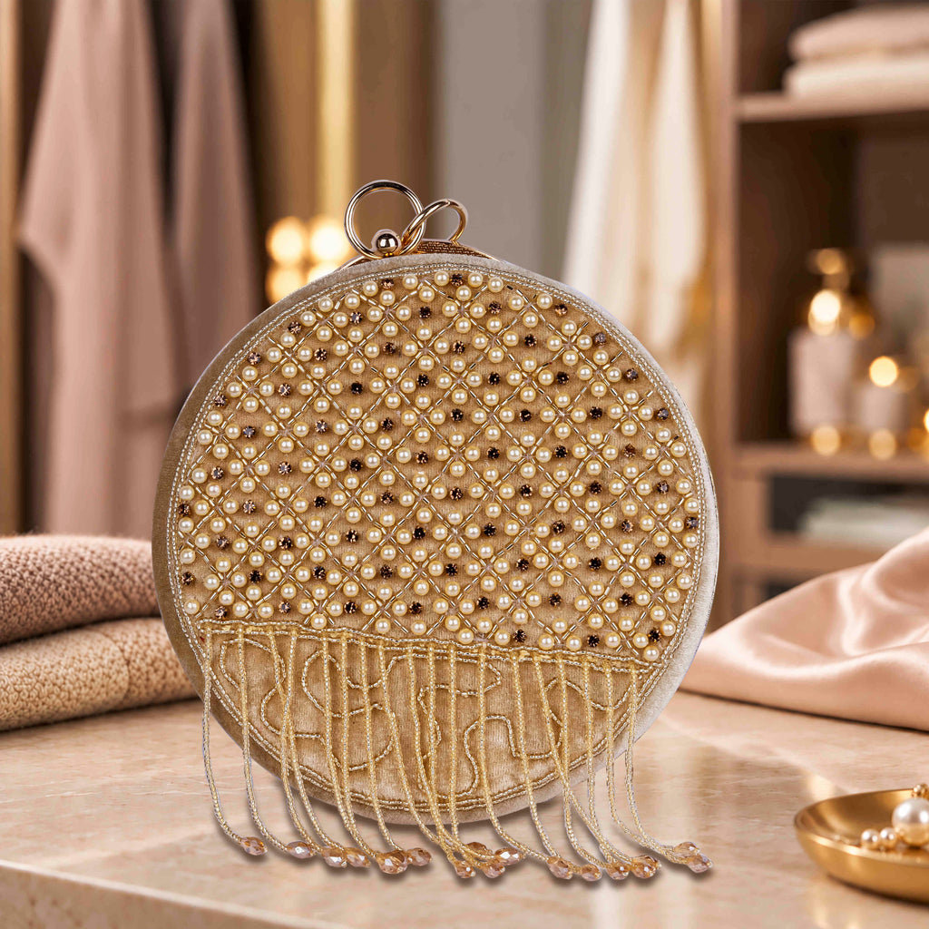 KarryQ Beige Lattice Embellished Velvet Clutch