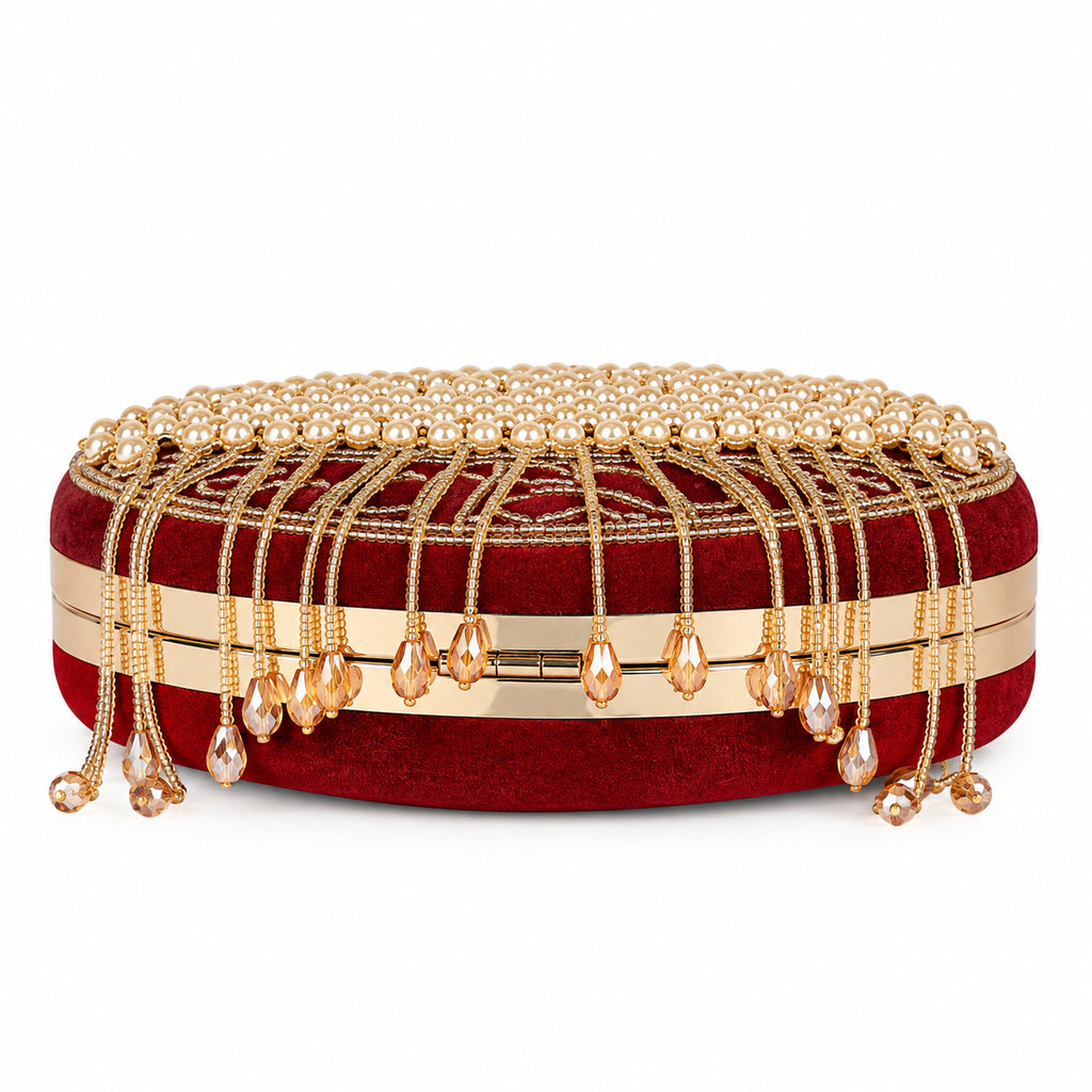 KarryQ Maroon Lattice Embellished Velvet Clutch