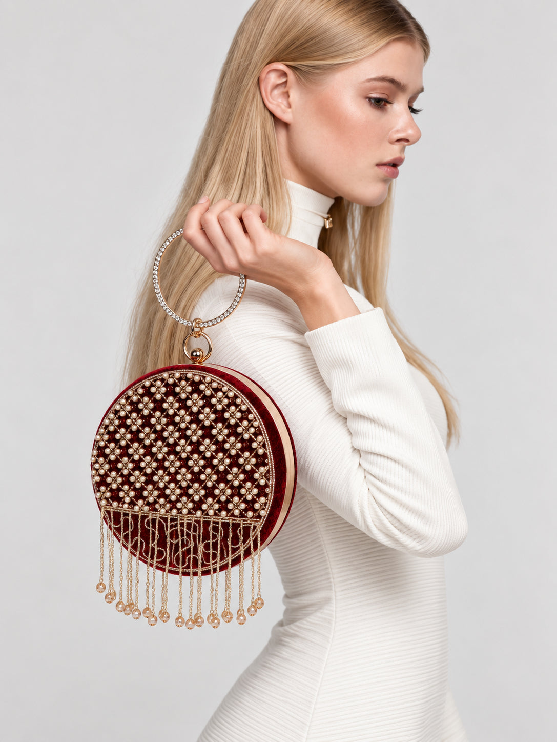 KarryQ Maroon Lattice Embellished Velvet Clutch