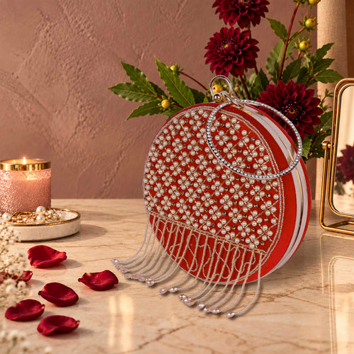 KarryQ Red Lattice Embellished Velvet Clutch Sling Bag