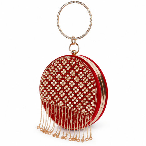 KarryQ Red Lattice Embellished Velvet Clutch