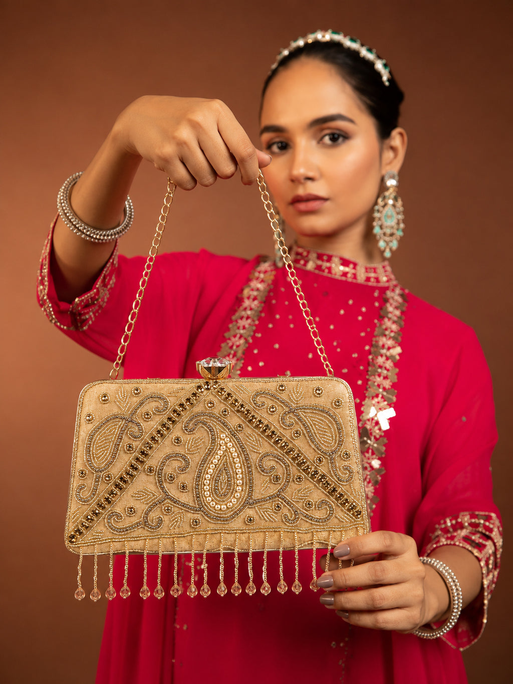 KarryQ Beige Paisley Velvet Clutch