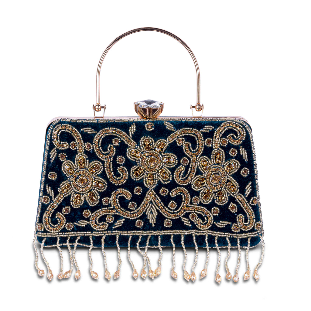 KarryQ Blue Floral Scroll Velvet Clutch
