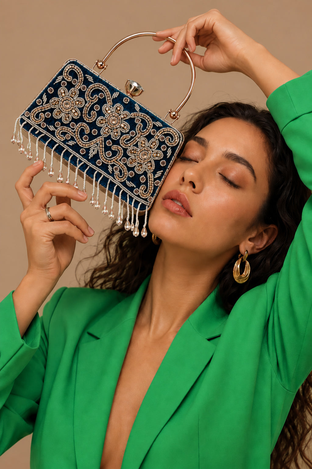 KarryQ Blue Floral Scroll Velvet Clutch