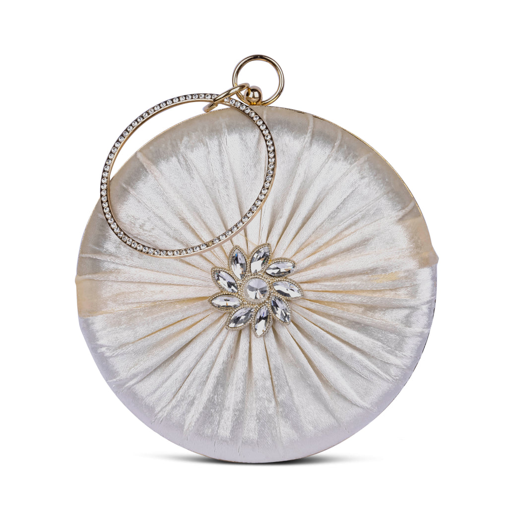 KarryQ White Pleated Rosette Velvet Clutch