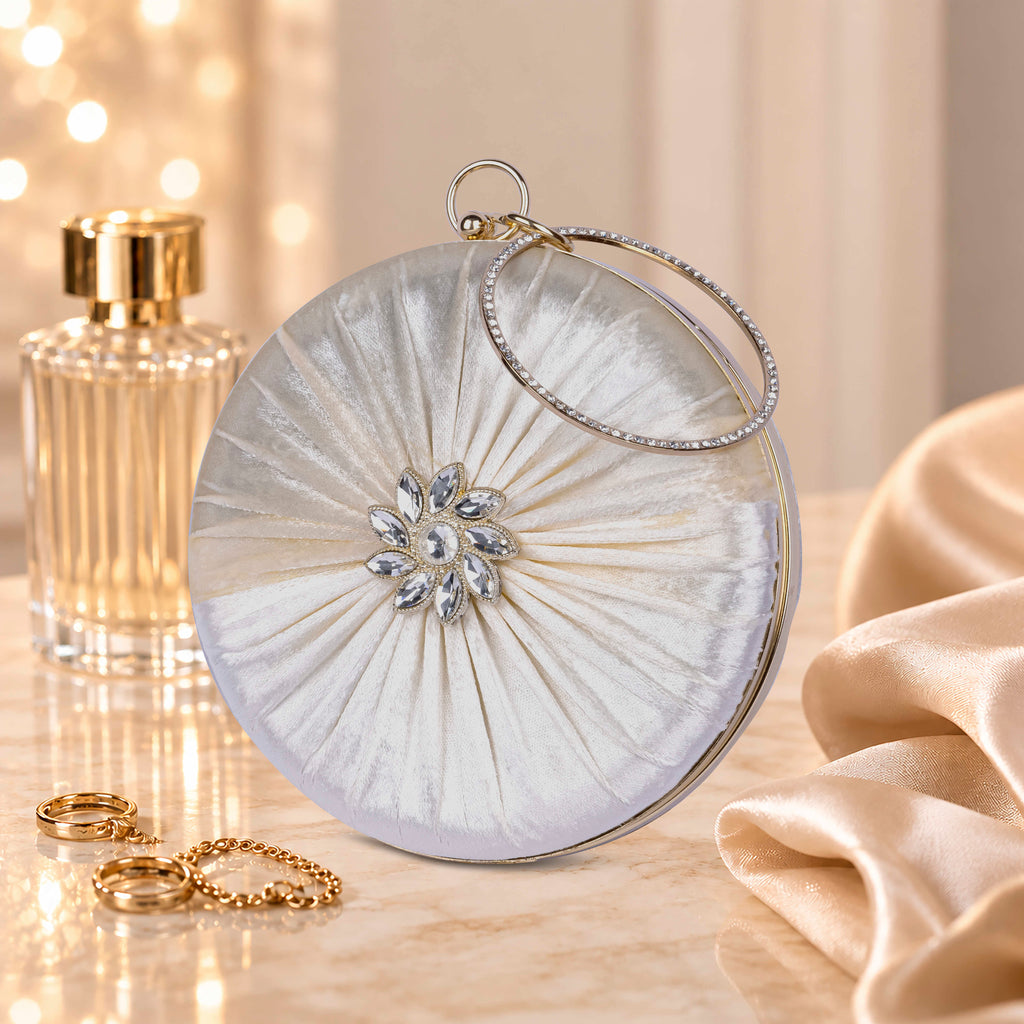 KarryQ White Pleated Rosette Velvet Clutch
